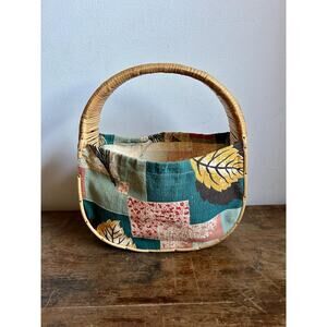 Vintage Rattan and Barkcloth Top Handle Purse | 70's Purse Handbag